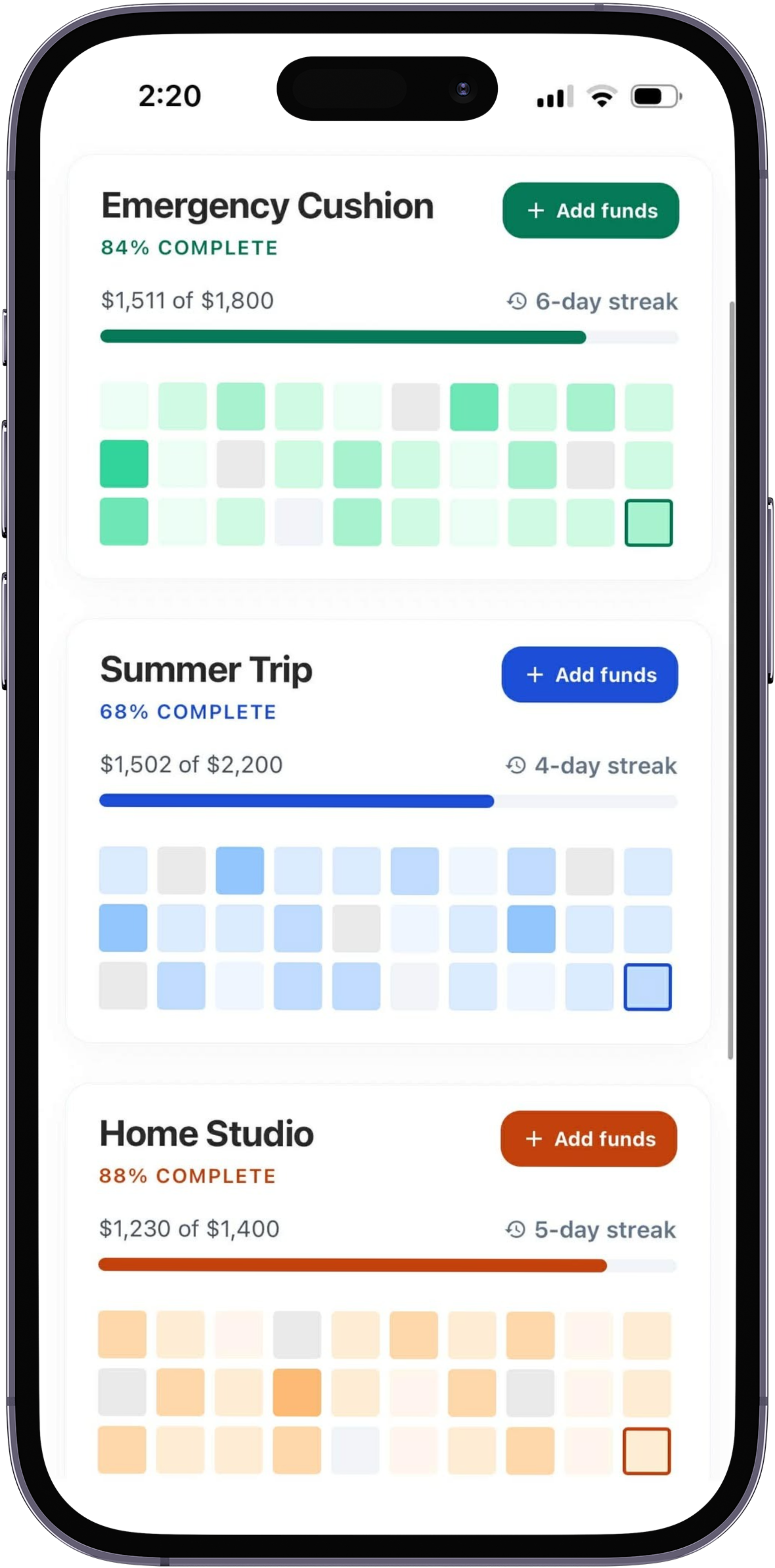 Pondo dashboard showing multiple color-coded savings goals