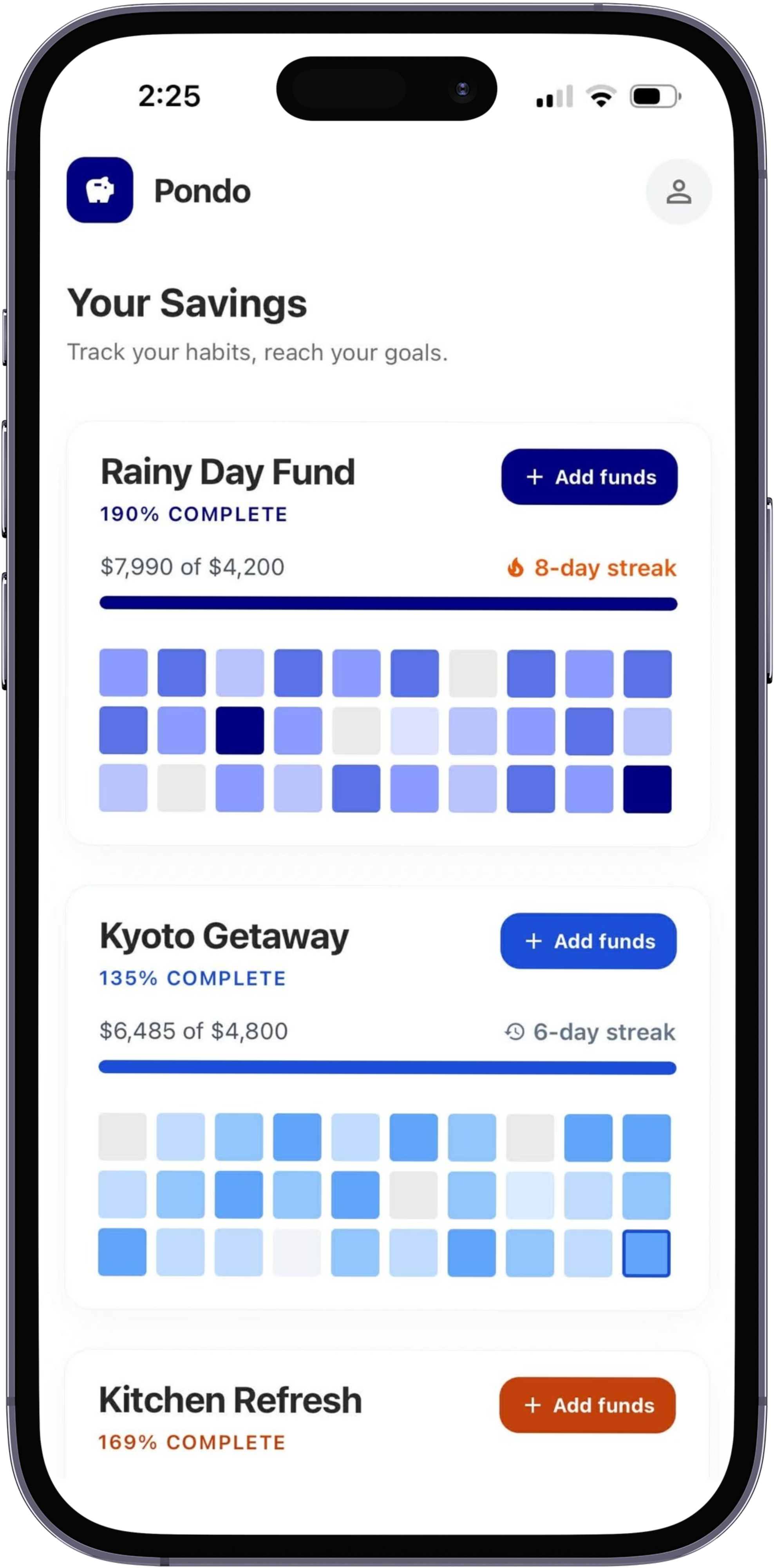 Pondo savings dashboard with multiple goals
